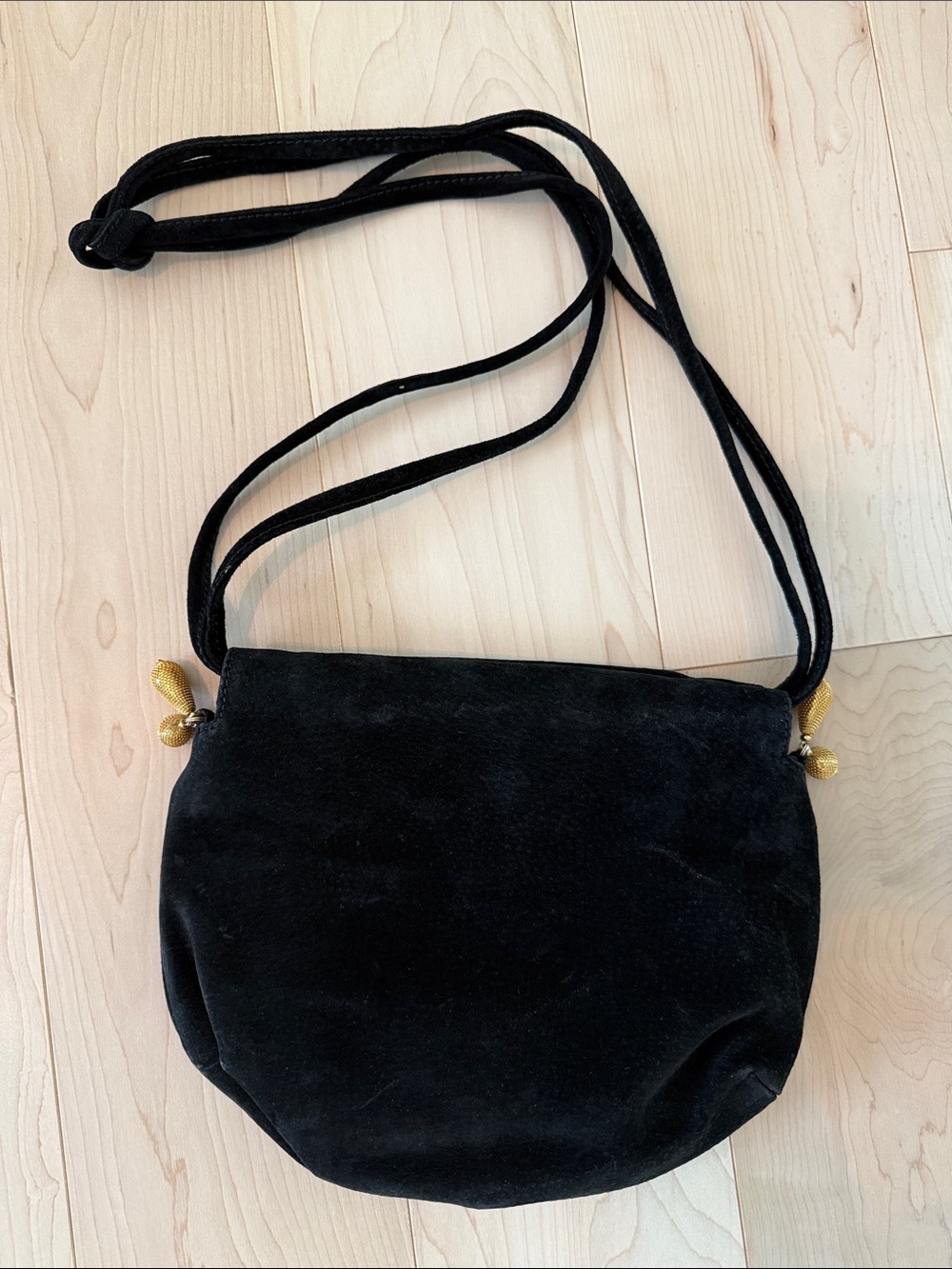 De Vecchi Italy Vintage Black Suede Leather Gold Accents Crossbody Shoulder Bag